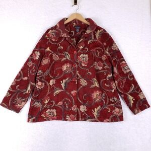 Portrait Red Floral Tapestry Button Jacket 2X Red